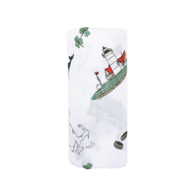Massachusetts-themed baby gift set with muslin swaddle blanket and burp cloth, featuring state icons and landmarks.