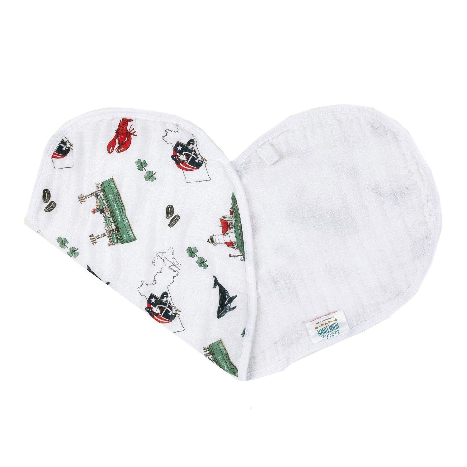 Massachusetts-themed baby gift set with muslin swaddle blanket and burp cloth, featuring state icons and landmarks.