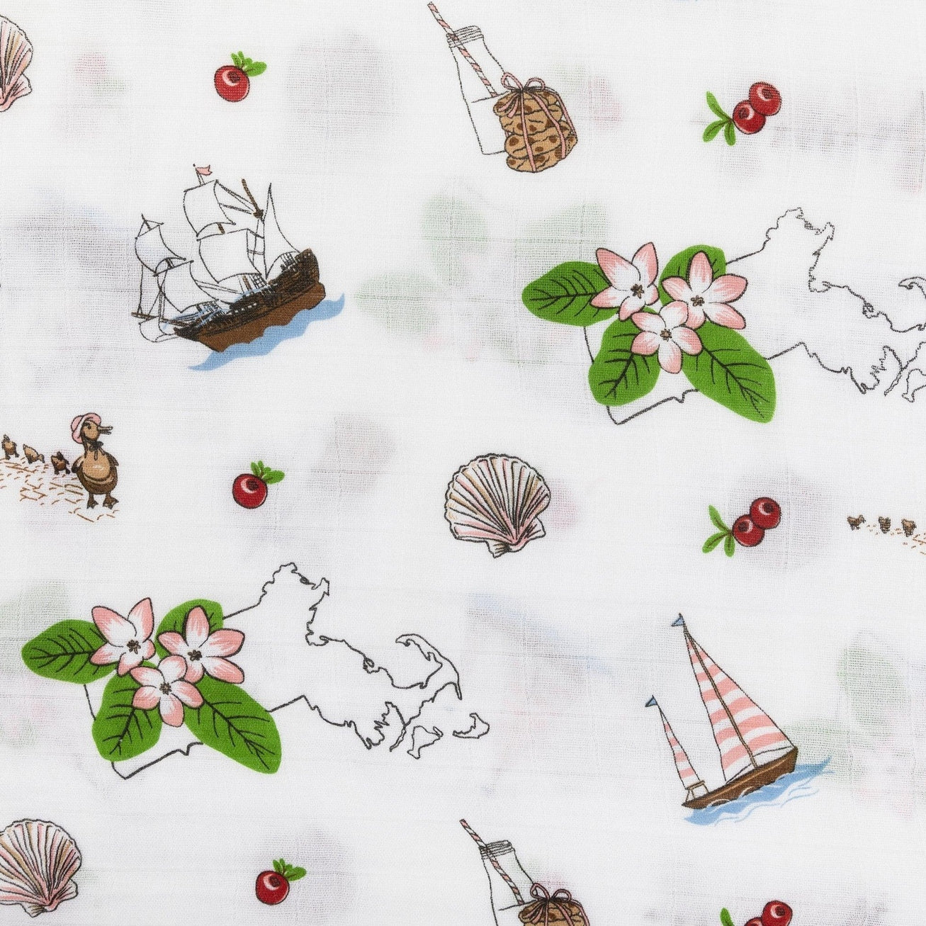 Massachusetts-themed baby swaddle and burp cloth set with floral designs, featuring state map and landmarks.