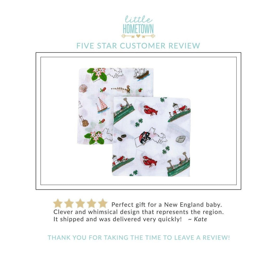 Massachusetts-themed floral baby muslin swaddle blanket and burp cloth set, featuring delicate pink and green flowers.