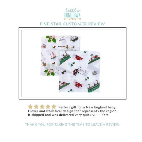 Massachusetts-themed floral baby muslin swaddle blanket and burp cloth set, featuring delicate pink and green flowers.