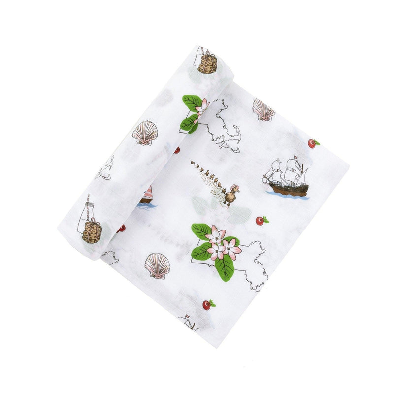 Massachusetts-themed baby swaddle and burp cloth set with floral designs, featuring state map and landmarks.