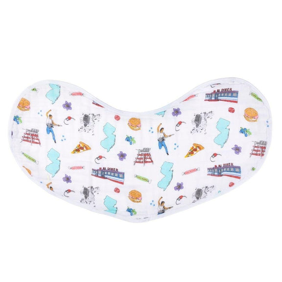 New Jersey-themed baby gift set with muslin swaddle blanket and burp cloth/bib combo, featuring state icons.