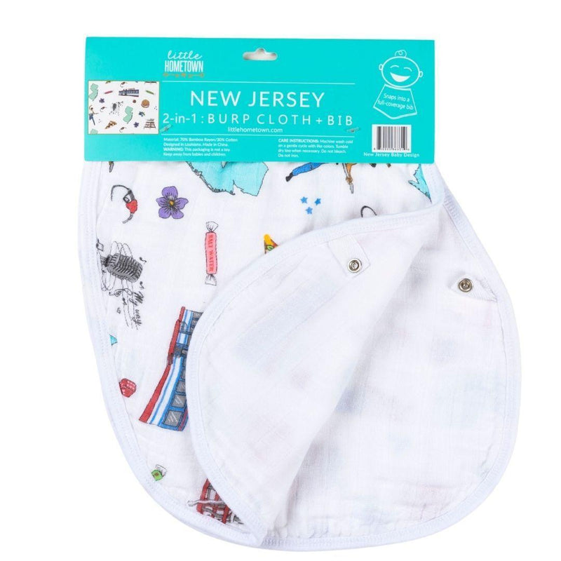 New Jersey-themed baby gift set with muslin swaddle blanket and burp cloth, featuring state icons and landmarks.
