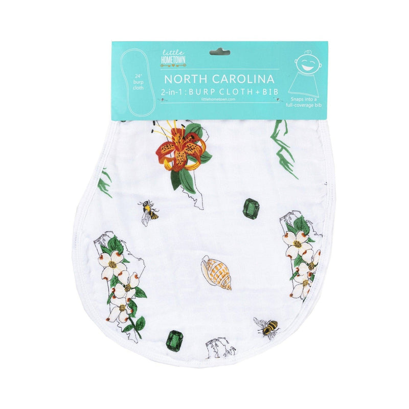 North Carolina-themed baby gift set with floral muslin swaddle blanket and matching burp cloth/bib combo.
