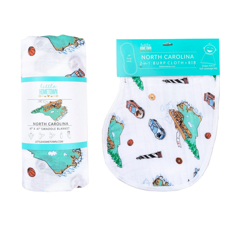 North Carolina-themed baby gift set with muslin swaddle blanket and burp cloth/bib combo, featuring state icons.