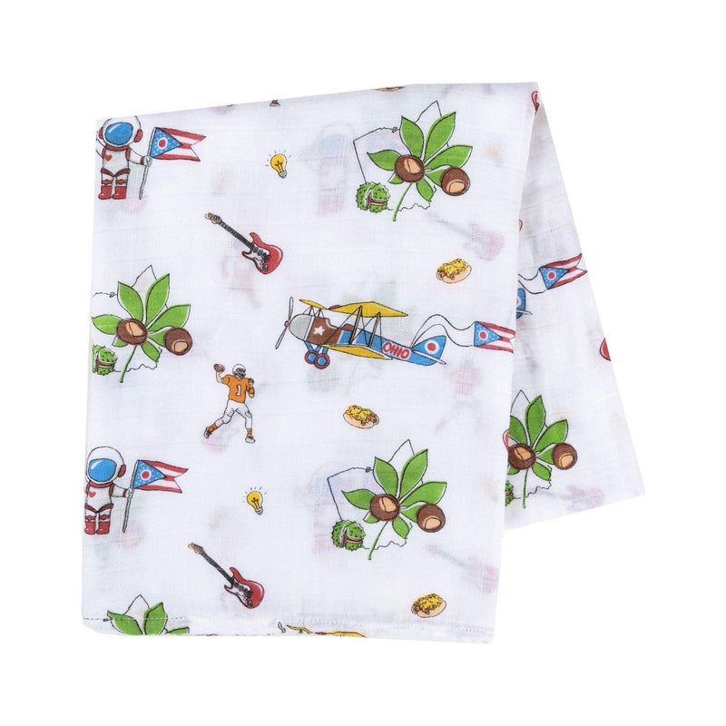 Ohio-themed baby gift set with muslin swaddle, receiving blanket, and burp cloth bib, featuring state icons.