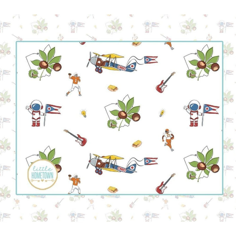 Ohio-themed baby gift set with muslin swaddle, receiving blanket, and burp cloth bib, featuring state icons.