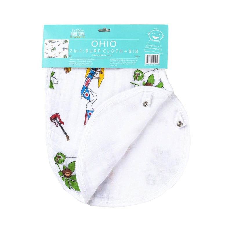 Ohio-themed baby gift set with muslin swaddle, receiving blanket, and burp cloth bib, featuring state icons.