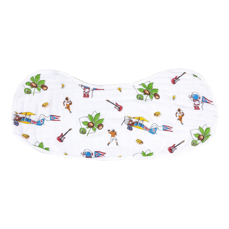 Ohio-themed baby gift set with muslin swaddle, burp cloth, and bib featuring state icons and "Ohio Baby" text.