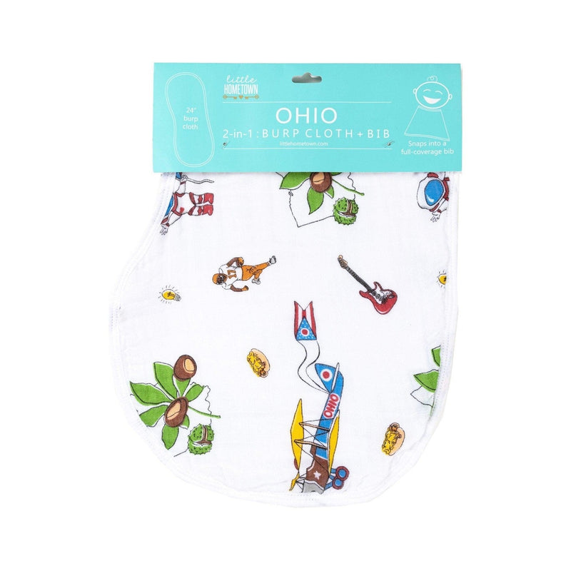 Ohio-themed baby gift set with muslin swaddle, receiving blanket, and burp cloth bib, featuring state icons.