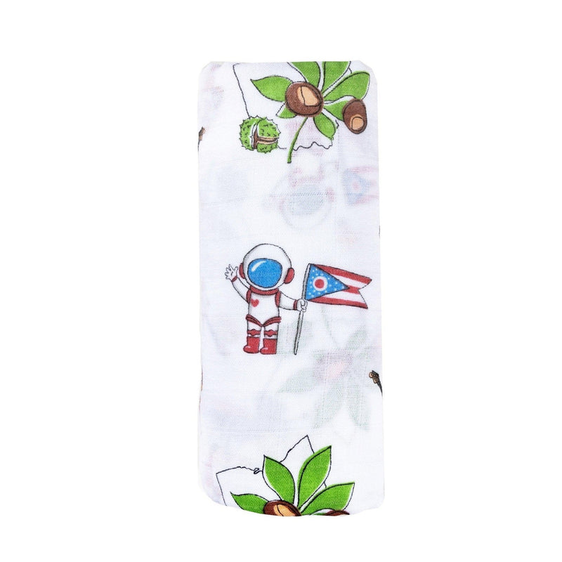 Ohio-themed baby gift set with muslin swaddle, receiving blanket, and burp cloth bib, featuring state icons.