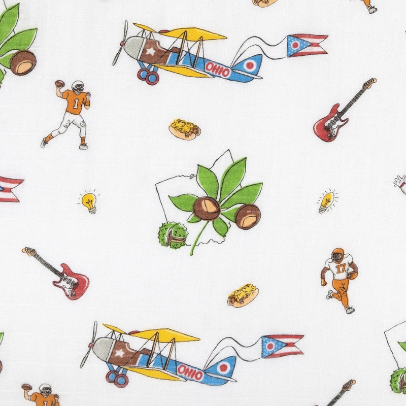 Ohio-themed baby gift set with muslin swaddle, burp cloth, and bib featuring state icons and "Ohio Baby" text.