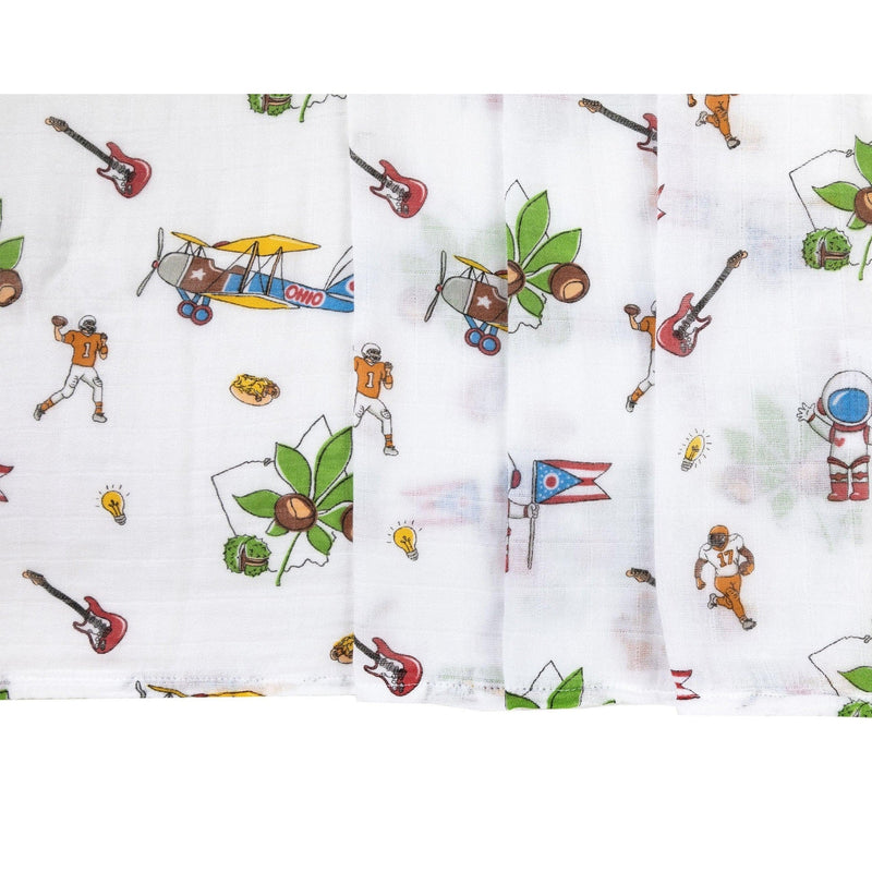 Ohio-themed baby gift set with muslin swaddle, receiving blanket, and burp cloth bib, featuring state icons.