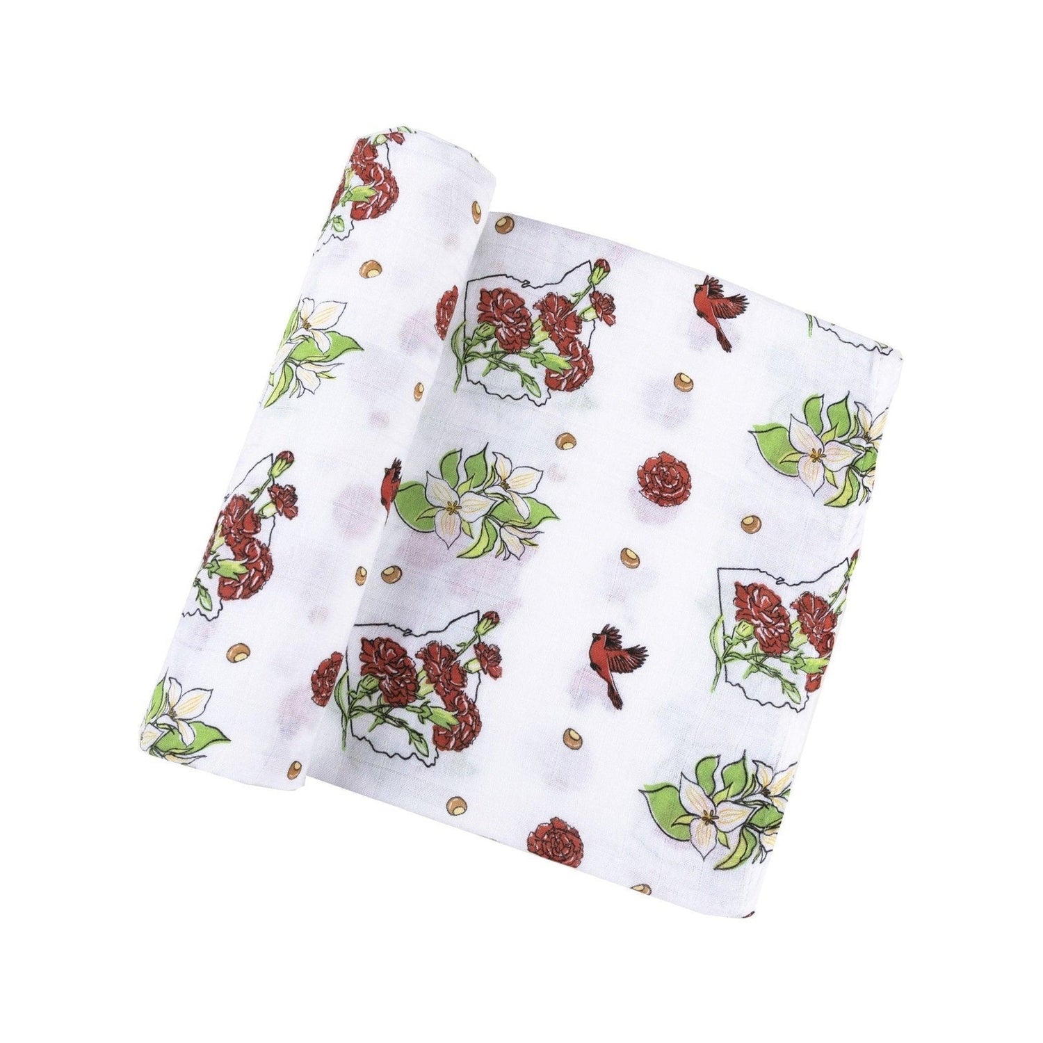 Ohio-themed baby gift set with floral muslin swaddle, receiving blanket, and burp bib, all neatly arranged.