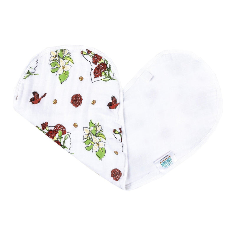 Ohio-themed baby gift set with floral muslin swaddle, receiving blanket, and burp bib, all neatly arranged.