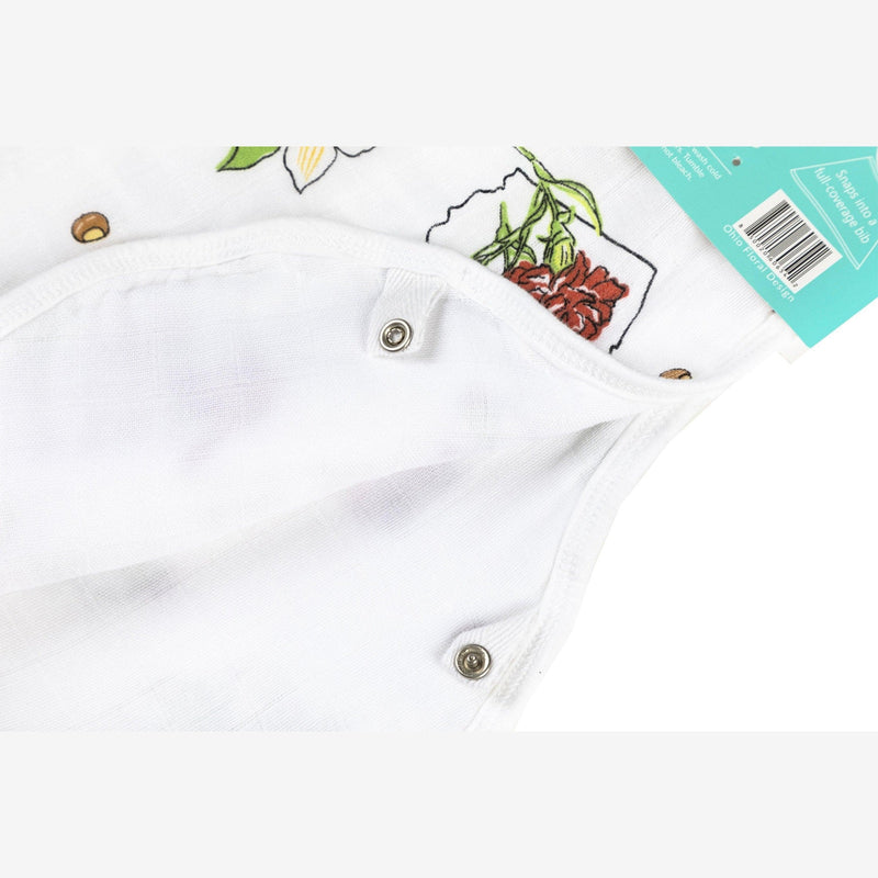 Ohio-themed baby gift set with floral muslin swaddle, receiving blanket, and burp bib, all neatly arranged.