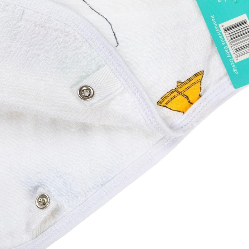 Pennsylvania-themed baby gift set with muslin swaddle blanket and burp cloth, featuring state icons and landmarks.