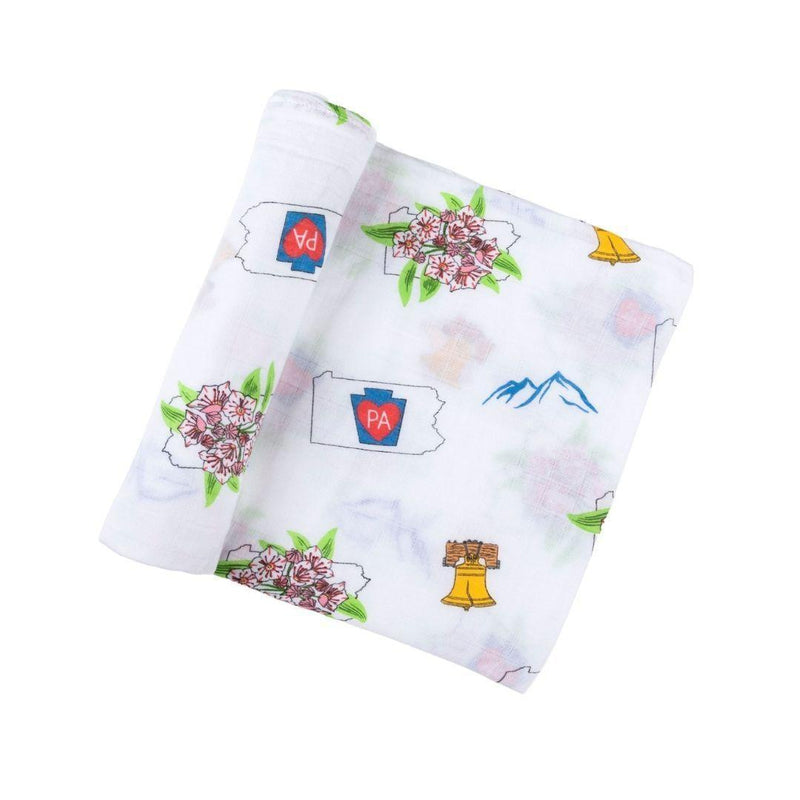 Pennsylvania-themed baby gift set with muslin swaddle blanket and burp cloth/bib combo, featuring state icons.