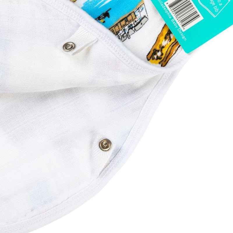 Philadelphia-themed baby muslin swaddle blanket and burp cloth set featuring iconic city landmarks in soft pastel colors.