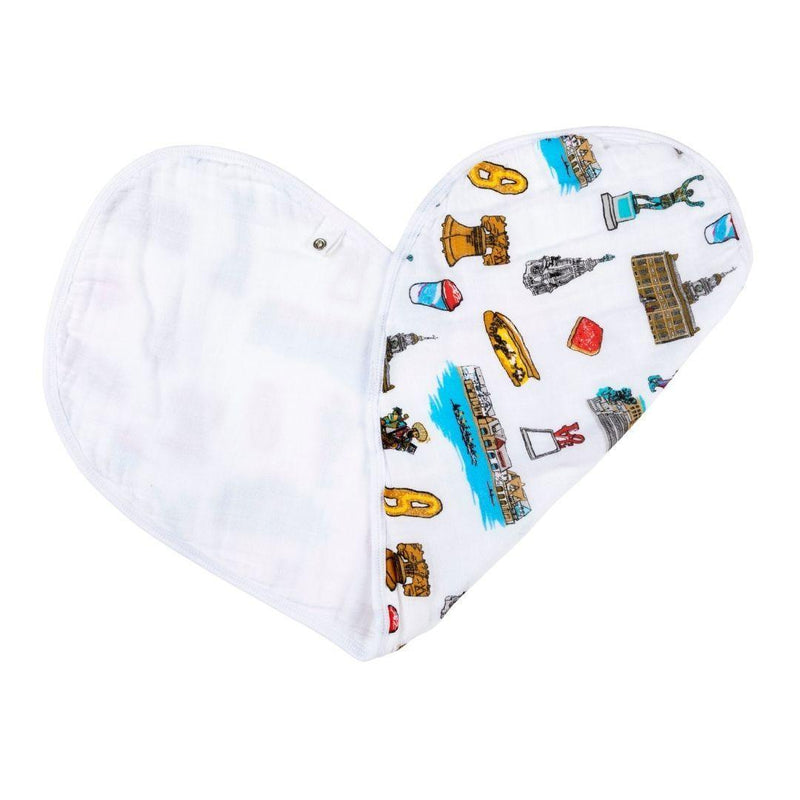 Philadelphia-themed baby gift set with muslin swaddle blanket and burp cloth, featuring iconic city landmarks.