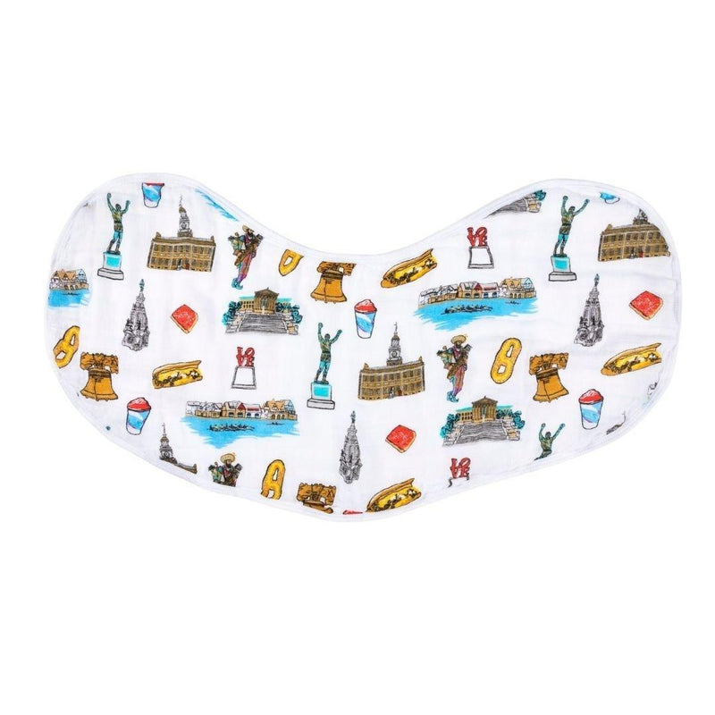 Philadelphia-themed baby gift set with muslin swaddle blanket and burp cloth, featuring iconic city landmarks.
