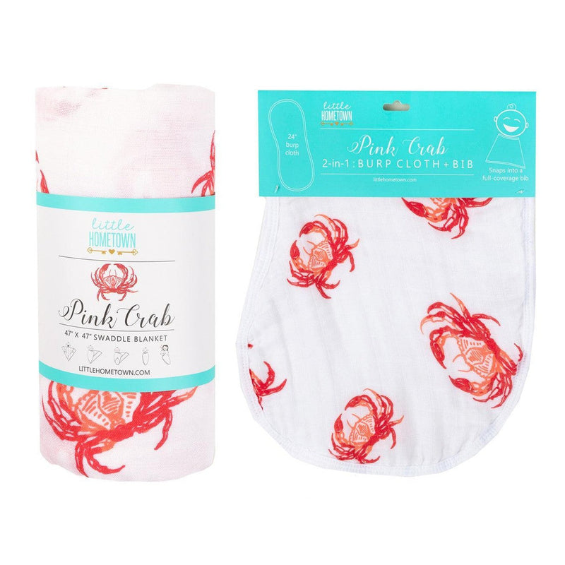Pink crab-themed baby muslin swaddle blanket and burp cloth set, neatly folded on a white background.