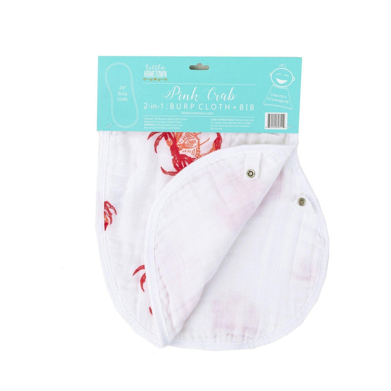 Pink crab-themed baby muslin swaddle blanket and burp cloth set, neatly folded on a white background.