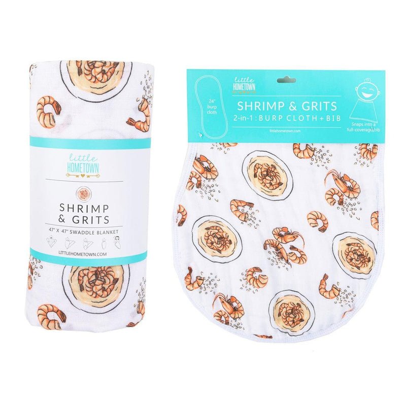 Shrimp and grits-themed baby muslin swaddle blanket and burp cloth set, featuring playful shrimp illustrations.