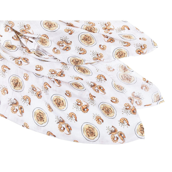 Gift set with shrimp and grits-themed baby muslin swaddle blanket and burp cloth/bib combo, Little Hometown.