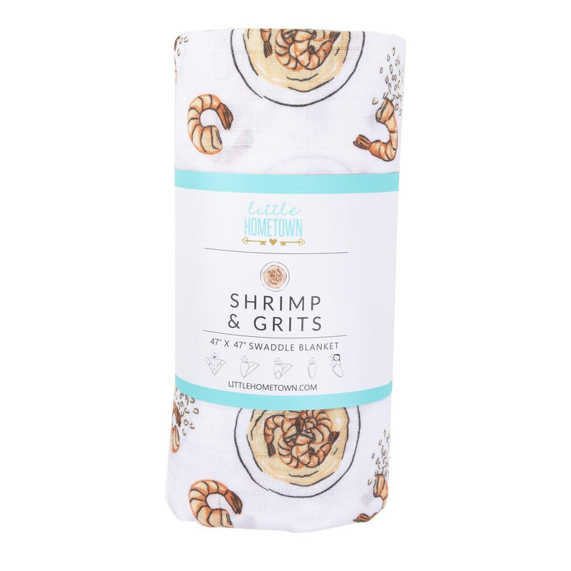 Shrimp and grits-themed baby muslin swaddle blanket and burp cloth set, featuring playful shrimp illustrations.