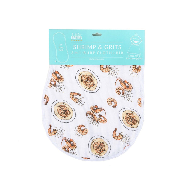 Gift set with shrimp and grits-themed baby muslin swaddle blanket and burp cloth/bib combo, Little Hometown.