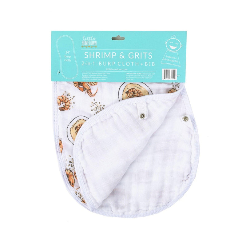 Gift set with shrimp and grits-themed baby muslin swaddle blanket and burp cloth/bib combo, Little Hometown.