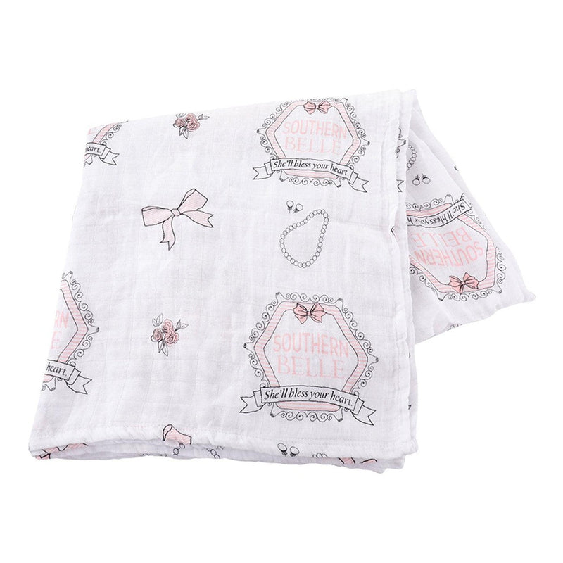 Southern Belle baby gift set with muslin swaddle blanket and burp cloth/bib combo, featuring floral patterns.