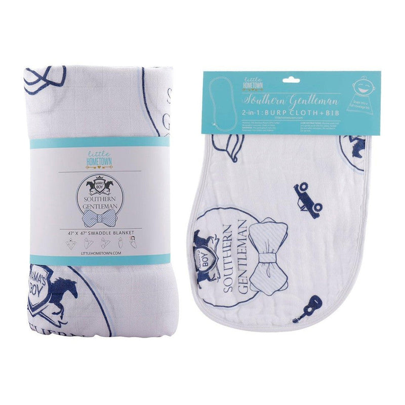 Southern Gentleman baby gift set with muslin swaddle blanket and burp cloth/bib combo, featuring a charming bowtie pattern.