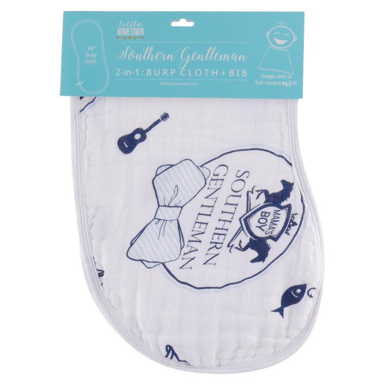 Southern Gentleman baby gift set with muslin swaddle blanket and burp cloth, featuring a charming bow tie pattern.