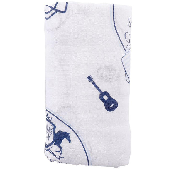 Southern Gentleman baby gift set with muslin swaddle blanket and burp cloth, featuring a charming bow tie pattern.