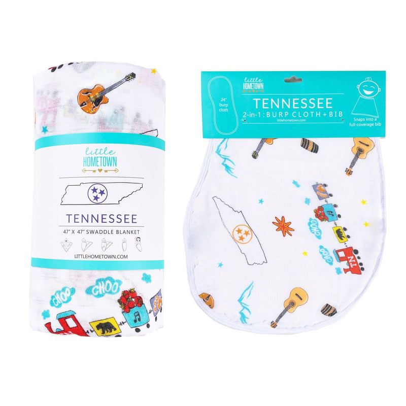 Tennessee-themed baby gift set with muslin swaddle blanket and burp cloth/bib combo, featuring state icons.