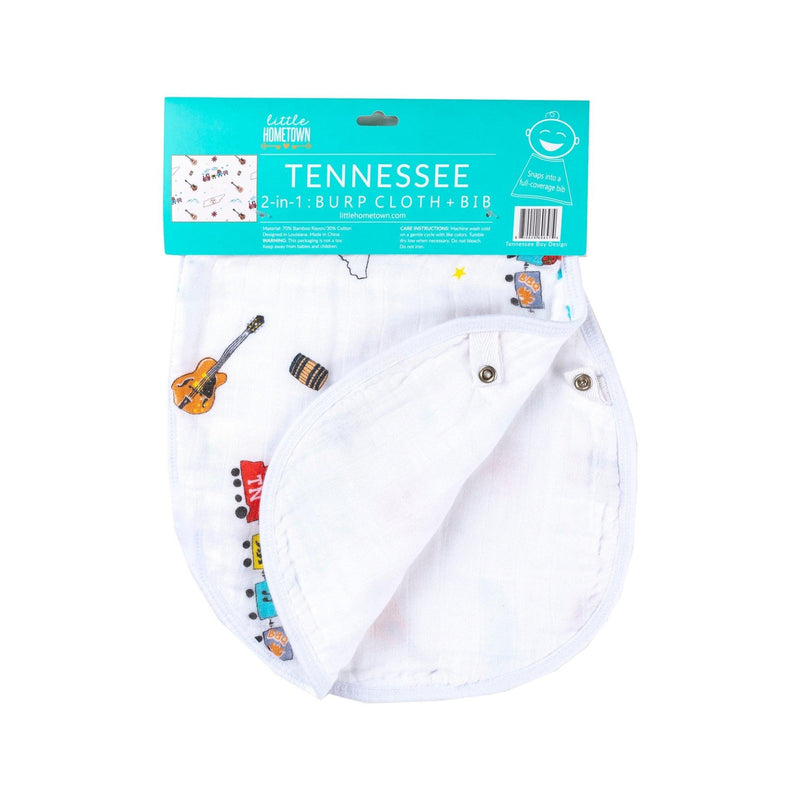Tennessee-themed baby gift set with muslin swaddle blanket and burp cloth/bib combo, featuring state icons.