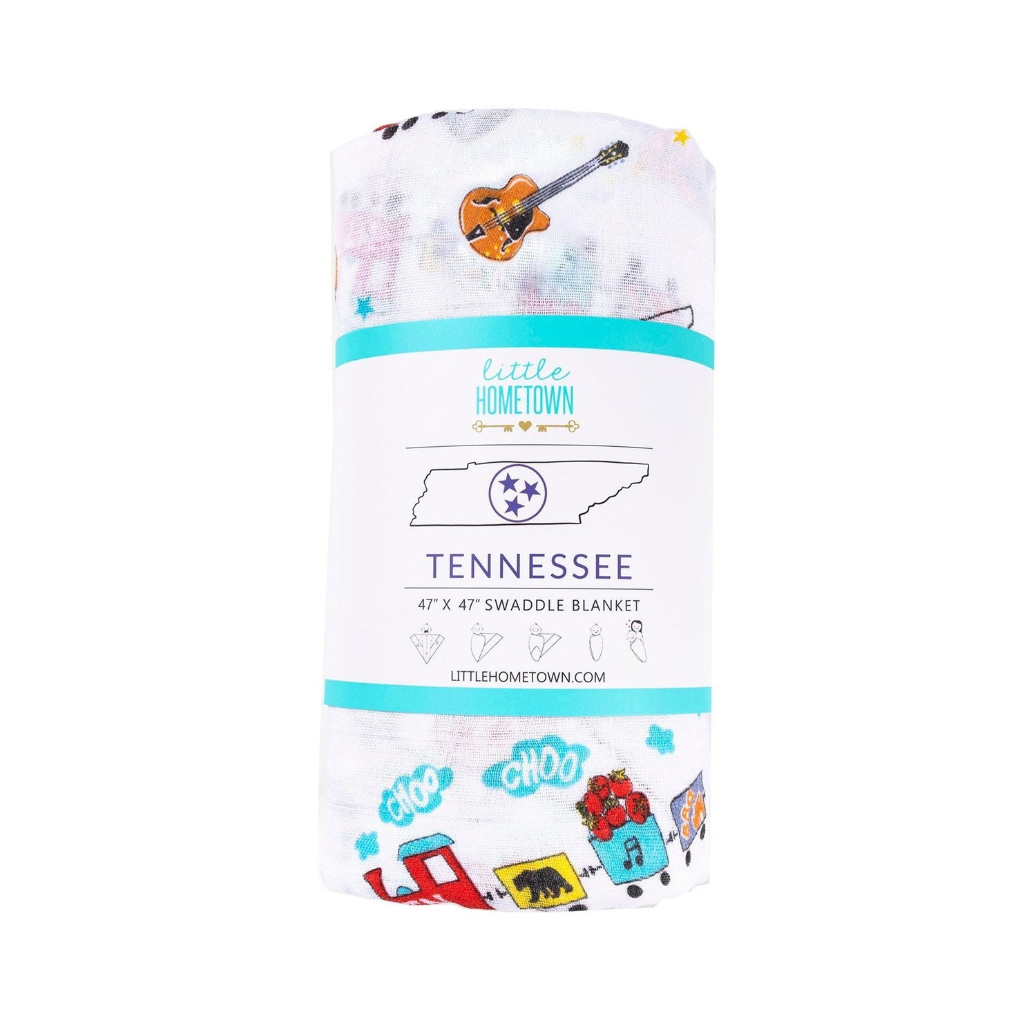 Tennessee-themed baby gift set with muslin swaddle blanket and burp cloth/bib combo, featuring state icons.