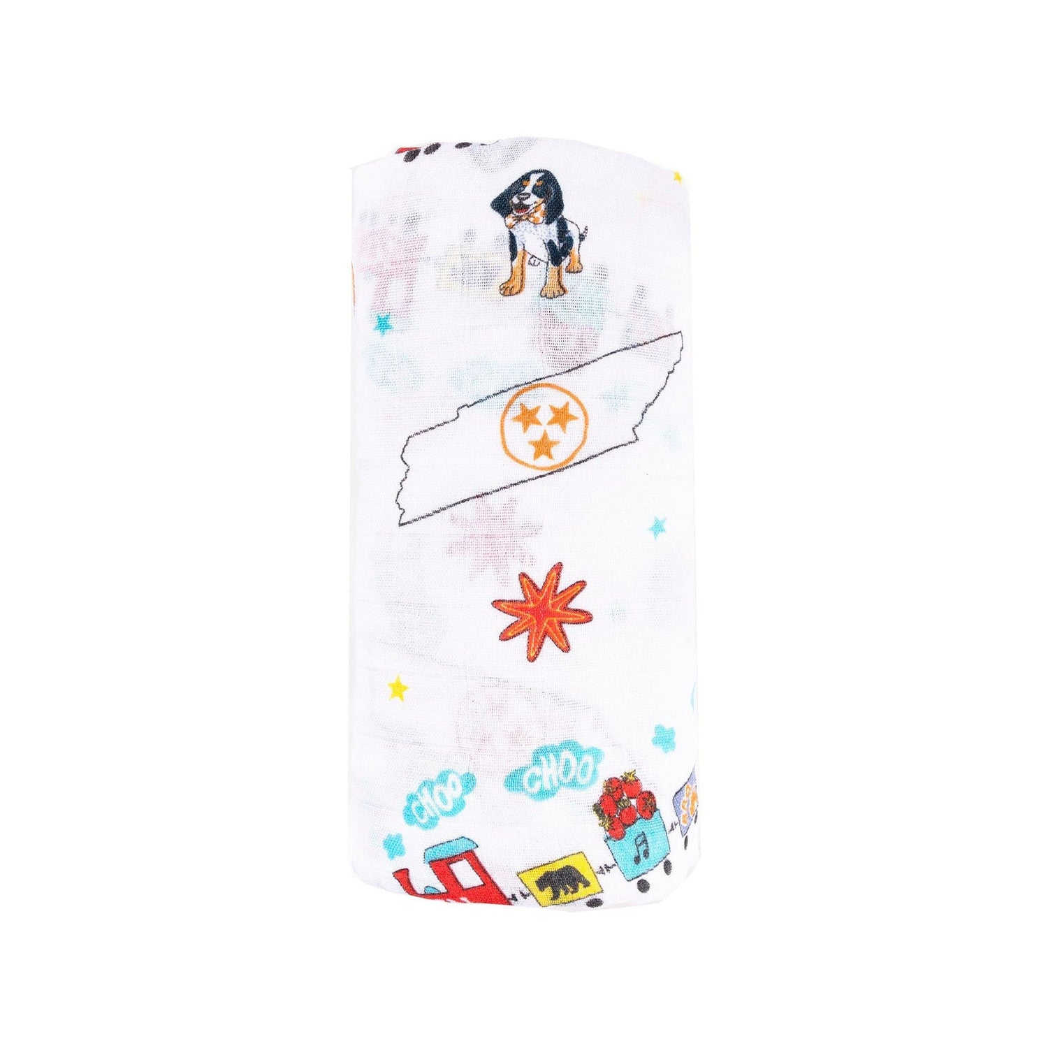 Tennessee-themed baby gift set with muslin swaddle blanket and burp cloth/bib combo, featuring state icons.