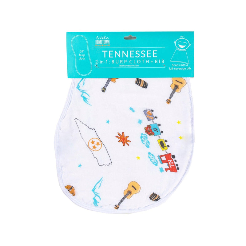 Tennessee-themed baby gift set with muslin swaddle blanket and burp cloth/bib combo, featuring state icons.