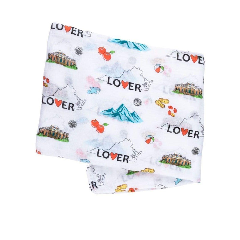 Virginia-themed baby muslin swaddle blanket and burp cloth set with state icons, in soft pastel colors.