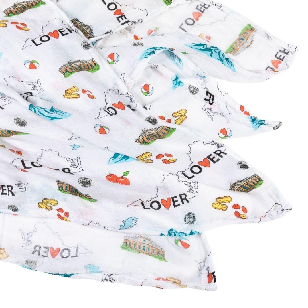 Virginia-themed baby gift set with muslin swaddle blanket and burp cloth/bib combo, featuring state icons.