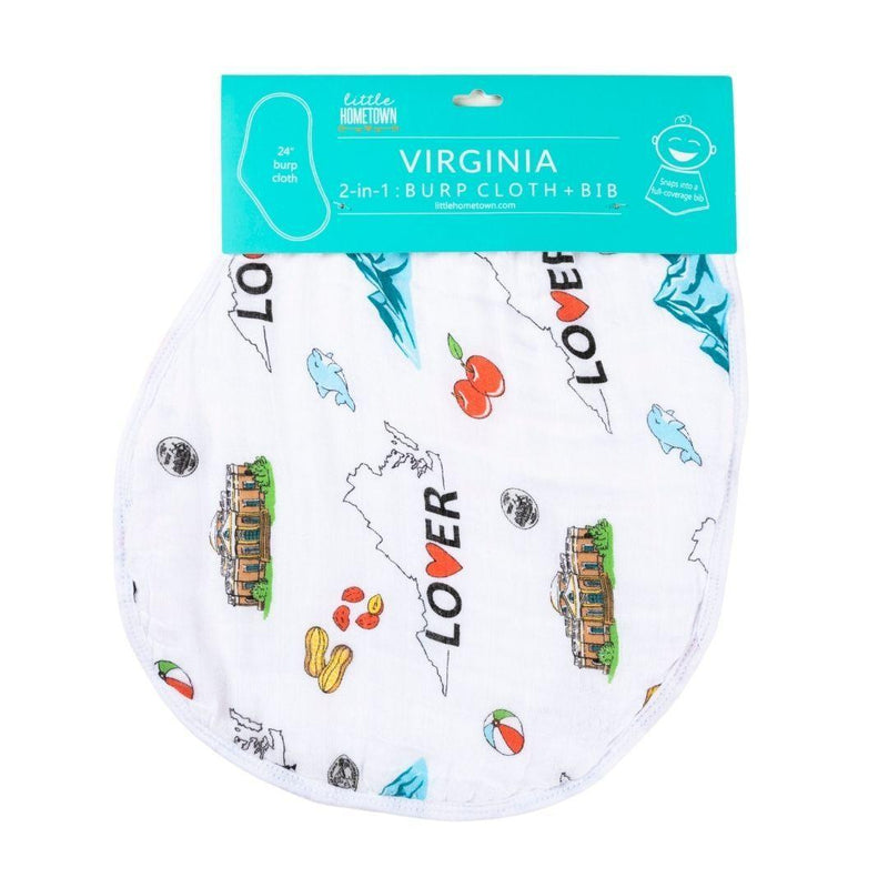Virginia-themed baby muslin swaddle blanket and burp cloth set with state icons, in soft pastel colors.