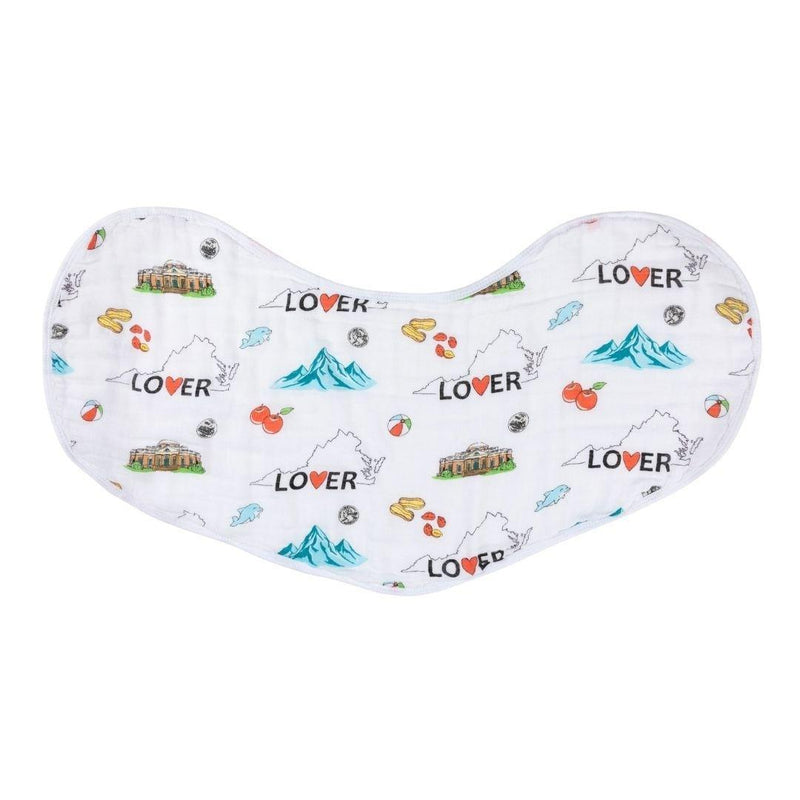 Gift set with Virginia-themed muslin swaddle blanket and burp cloth/bib combo, featuring state icons and landmarks.