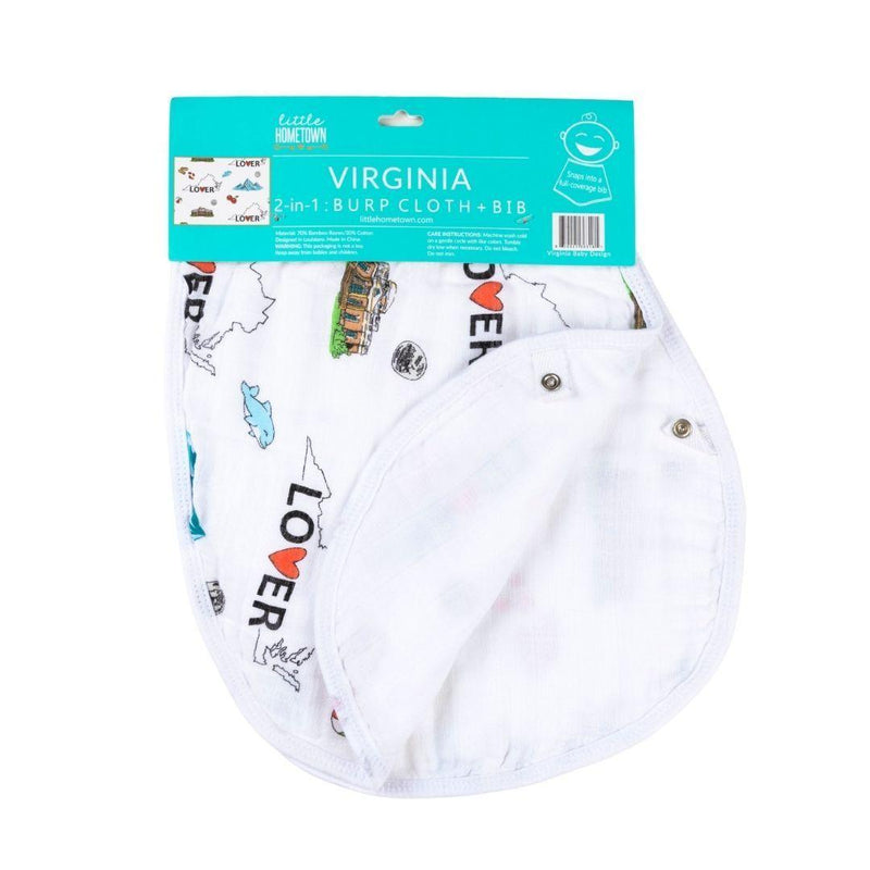 Virginia-themed baby muslin swaddle blanket and burp cloth set with state icons, in soft pastel colors.