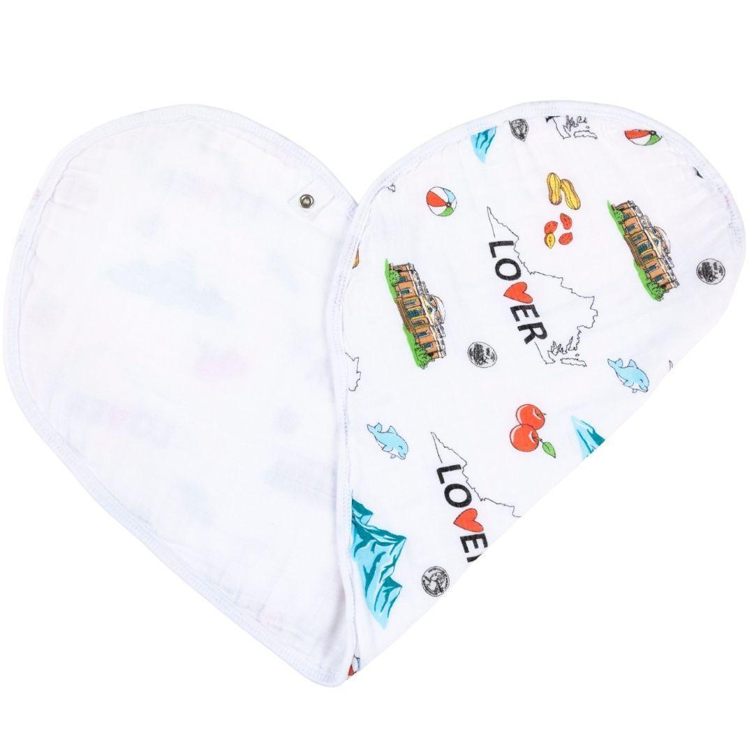Gift set with Virginia-themed muslin swaddle blanket and burp cloth/bib combo, featuring state icons and landmarks.