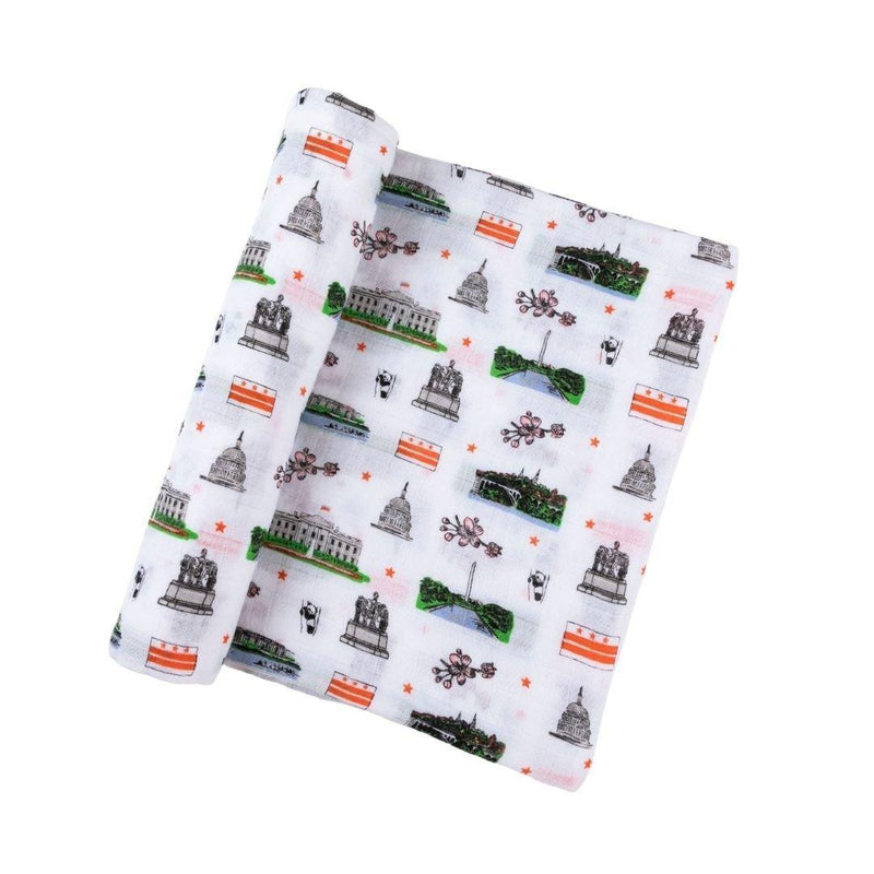Washington D.C. baby gift set with muslin swaddle blanket and burp cloth, featuring iconic city landmarks.