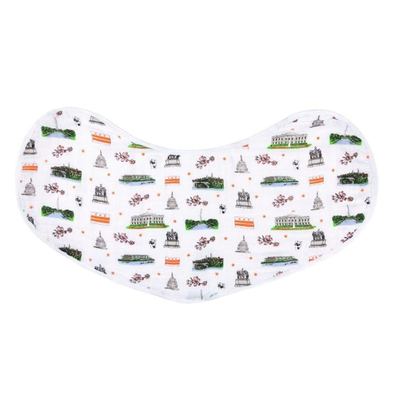 Washington D.C. baby gift set with muslin swaddle blanket and burp cloth featuring iconic landmarks and symbols.